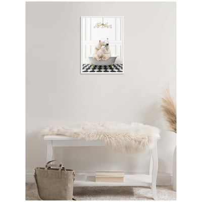 Sylvie Mother and Baby Polar Bear in Gray Bathtub on Checker Floor Framed Canvas by Amy Peterson