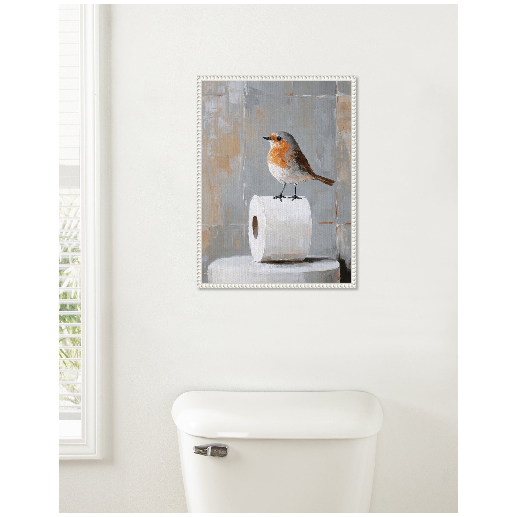 Sylvie Bird Standing on Toilet Paper Roll Toilet Bathroom Art Framed Canvas