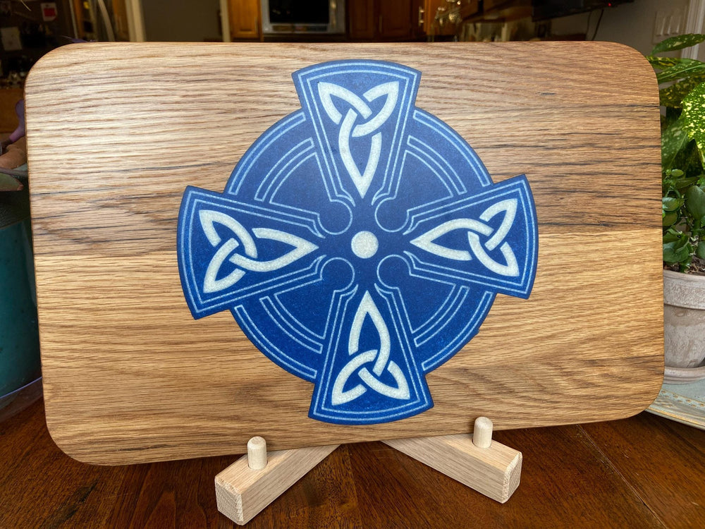 Handmade white oak charcuterie board with Celtic Cross resin inlay
