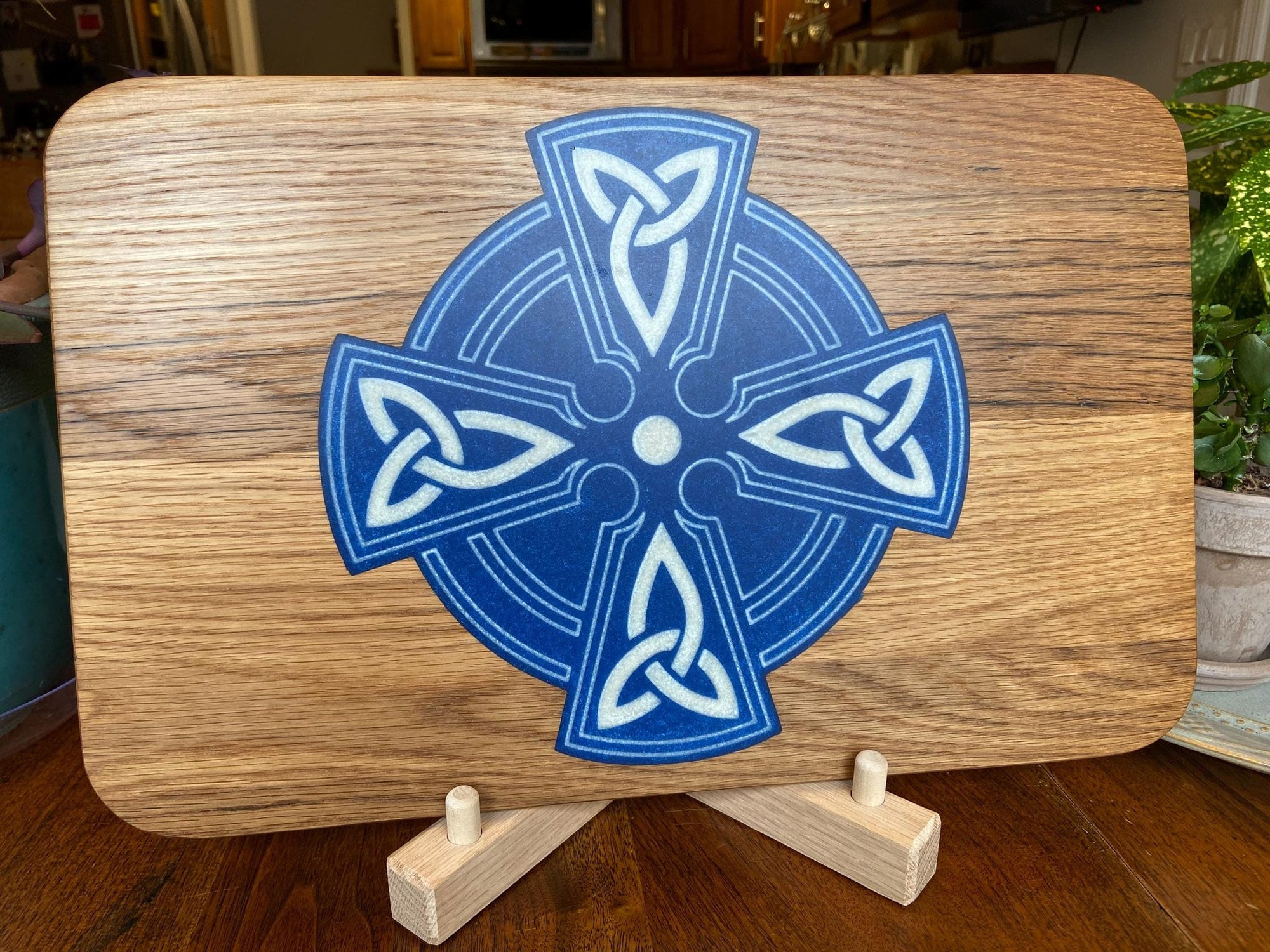 Handmade white oak charcuterie board with Celtic Cross resin inlay