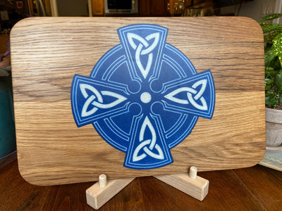 Handmade white oak charcuterie board with Celtic Cross resin inlay