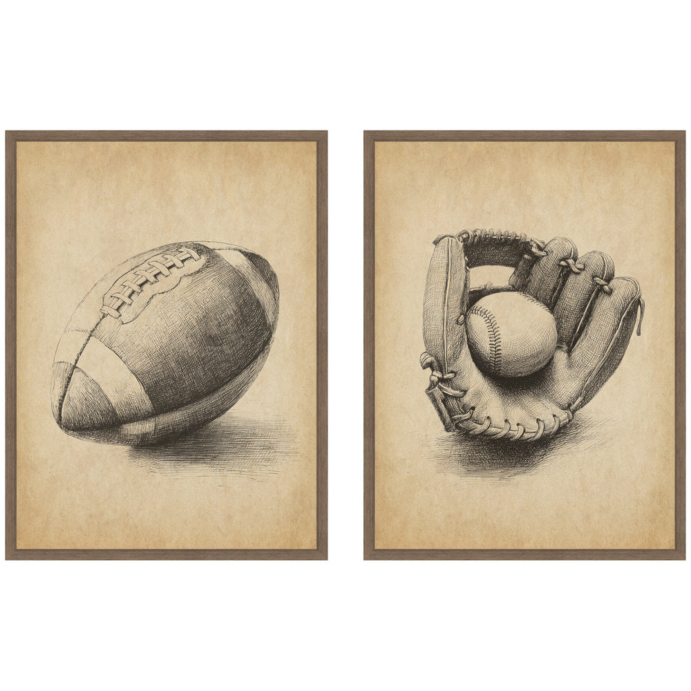 Two framed vintage sports canvas prints depicting football and baseball scenes in Walnut Brown frame