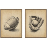 Two framed vintage sports canvas prints depicting football and baseball scenes in Walnut Brown frame