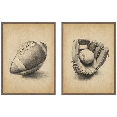 Two framed vintage sports canvas prints depicting football and baseball scenes in Walnut Brown frame