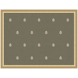 Fabric panel with a simple repeating pattern of small white botanical block prints on muted olive green background, framed in light wood.