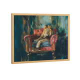 Painting of a lion reclining on a red armchair against a dark, teal and green abstract background with gold accents, framed in light wood.