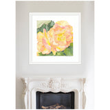 Framed watercolor painting of a large orange and pink begonia flower with green leaves, hanging centered above a white ornate fireplace mantel.