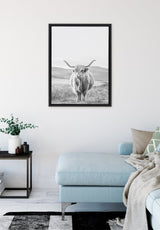 Sylvie Highland Cow Mountain Landscape Black and White Framed Canvas by kateandlaurel