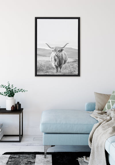 Sylvie Highland Cow Mountain Landscape Black and White Framed Canvas by