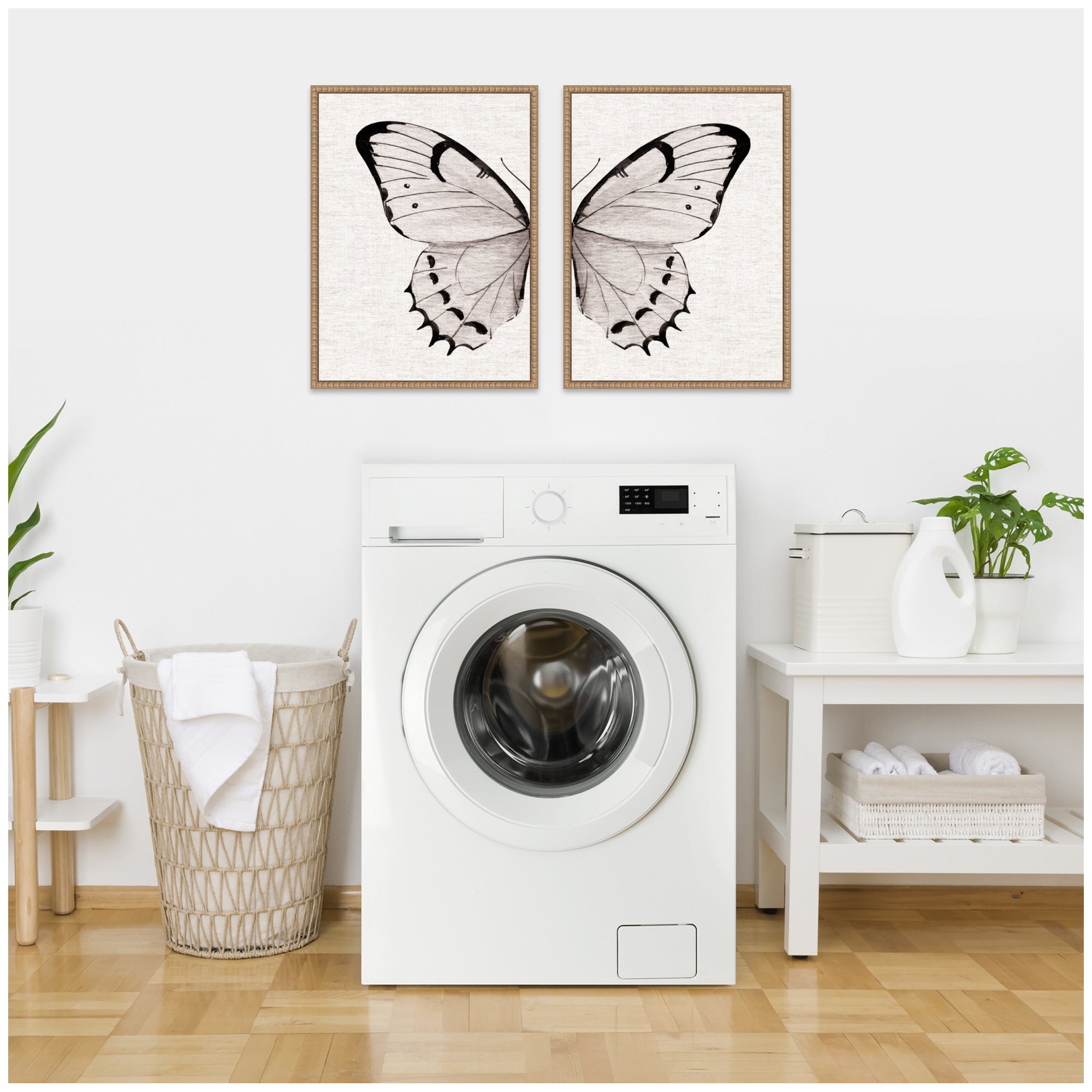 Sylvie Beaded Minimal Butterfly Watercolor Neutral Linen - 2 Piece Framed Canvas Art Set