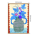 Framed canvas print featuring a stylized green and pink patterned pot with two blue handles holding blue and purple fig leaves and fruit, set against a cream background with red scalloped border.