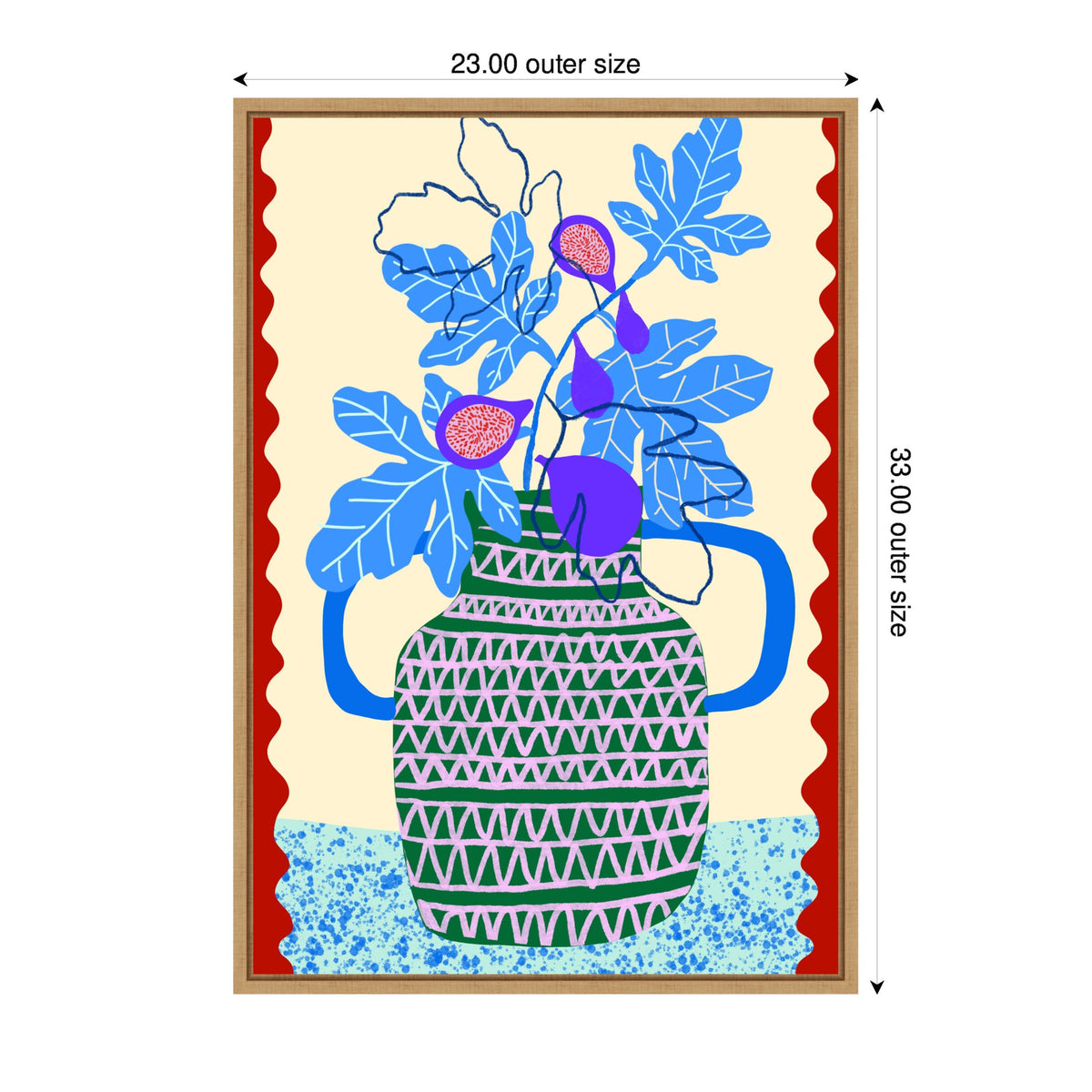 Framed canvas print featuring a stylized green and pink patterned pot with two blue handles holding blue and purple fig leaves and fruit, set against a cream background with red scalloped border.