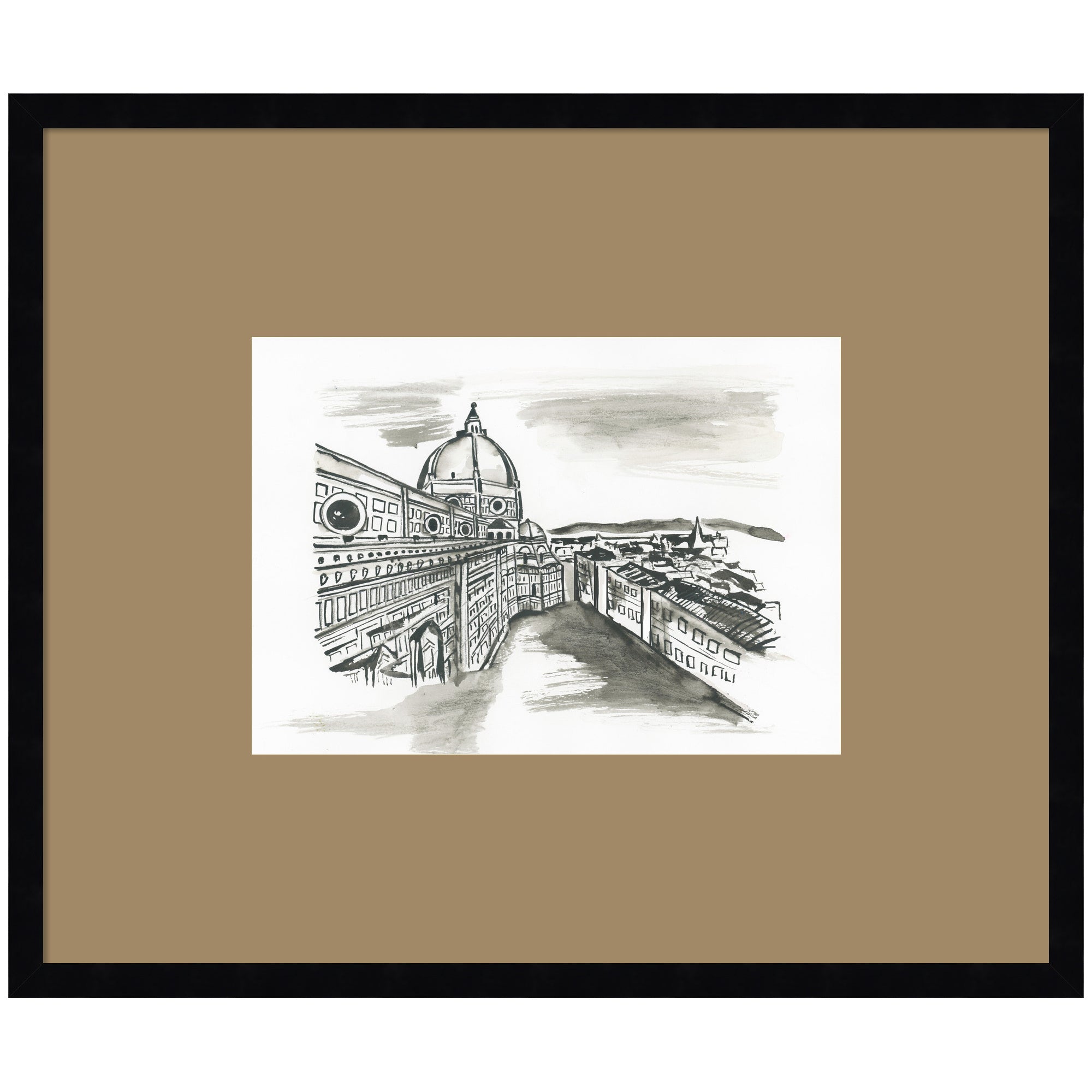 Postcard Florence framed wall art print matted in svelte noir black frame against a white wall