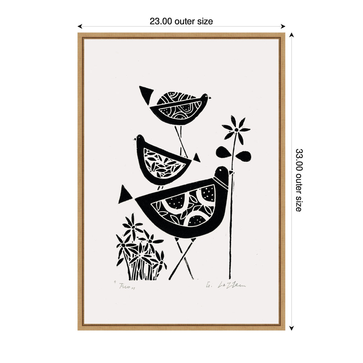 Black and white linocut art depicting three stylized birds with patterned bodies standing next to tall flowers, framed in a simple wooden frame.