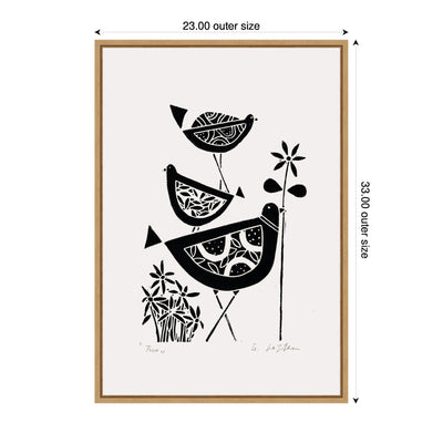 Sylvie Folk Bird Family Trio Linocut Framed Canvas by Giuliana Lazzerini