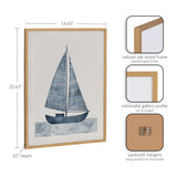 Framed print of a blue sailboat with textured sails on stylized blue waves, in a natural oak wood frame with a gold finish and minimalist gallery profile.