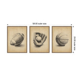Three framed sepia-toned canvas prints side by side featuring a vintage football, a baseball glove with a ball, and a basketball, each with a walnut-colored frame.