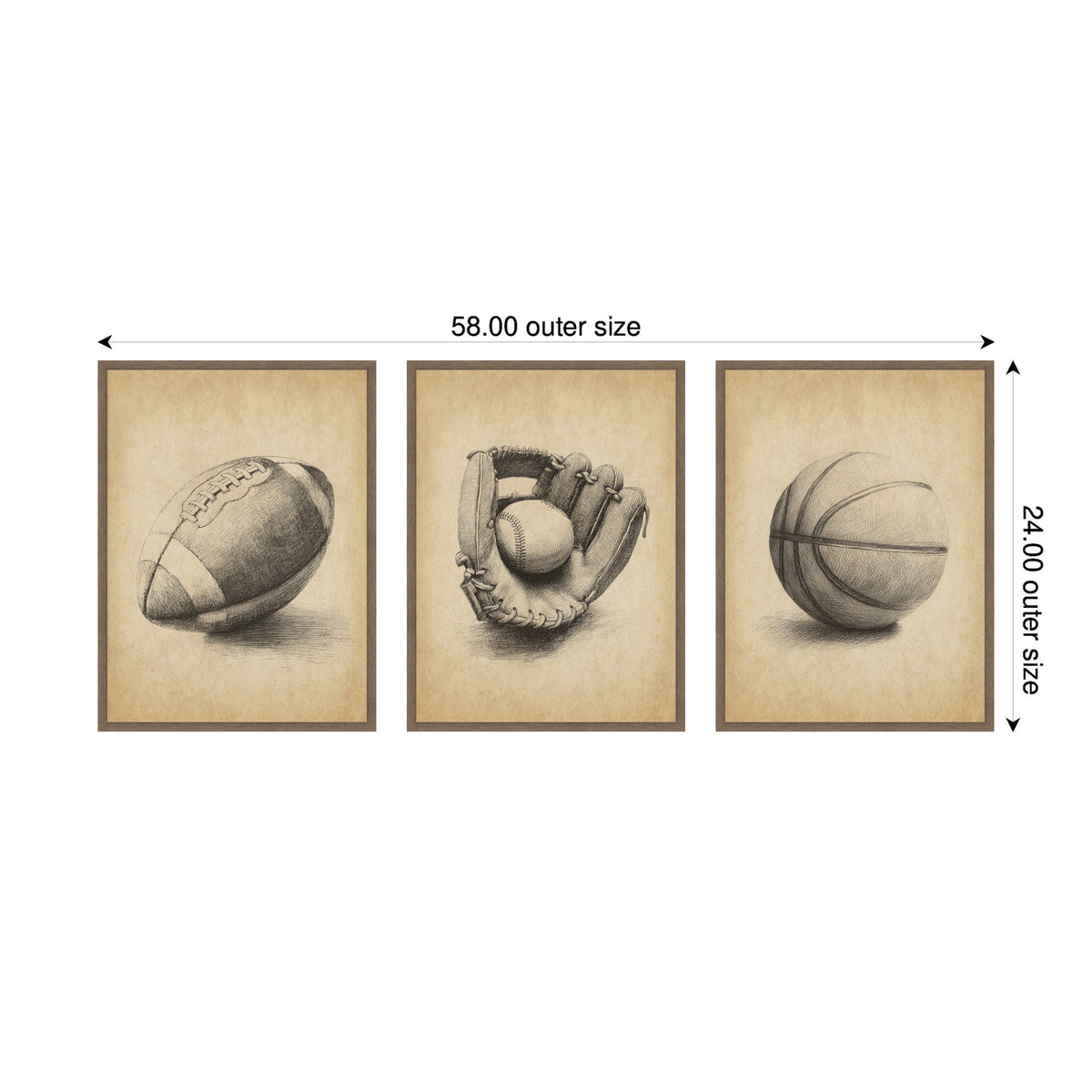 Three framed sepia-toned canvas prints side by side featuring a vintage football, a baseball glove with a ball, and a basketball, each with a walnut-colored frame.