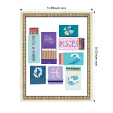 Framed print featuring nine illustrated matchbooks with ocean-themed designs and Pisces zodiac symbols in blue, pink, purple, and teal hues.