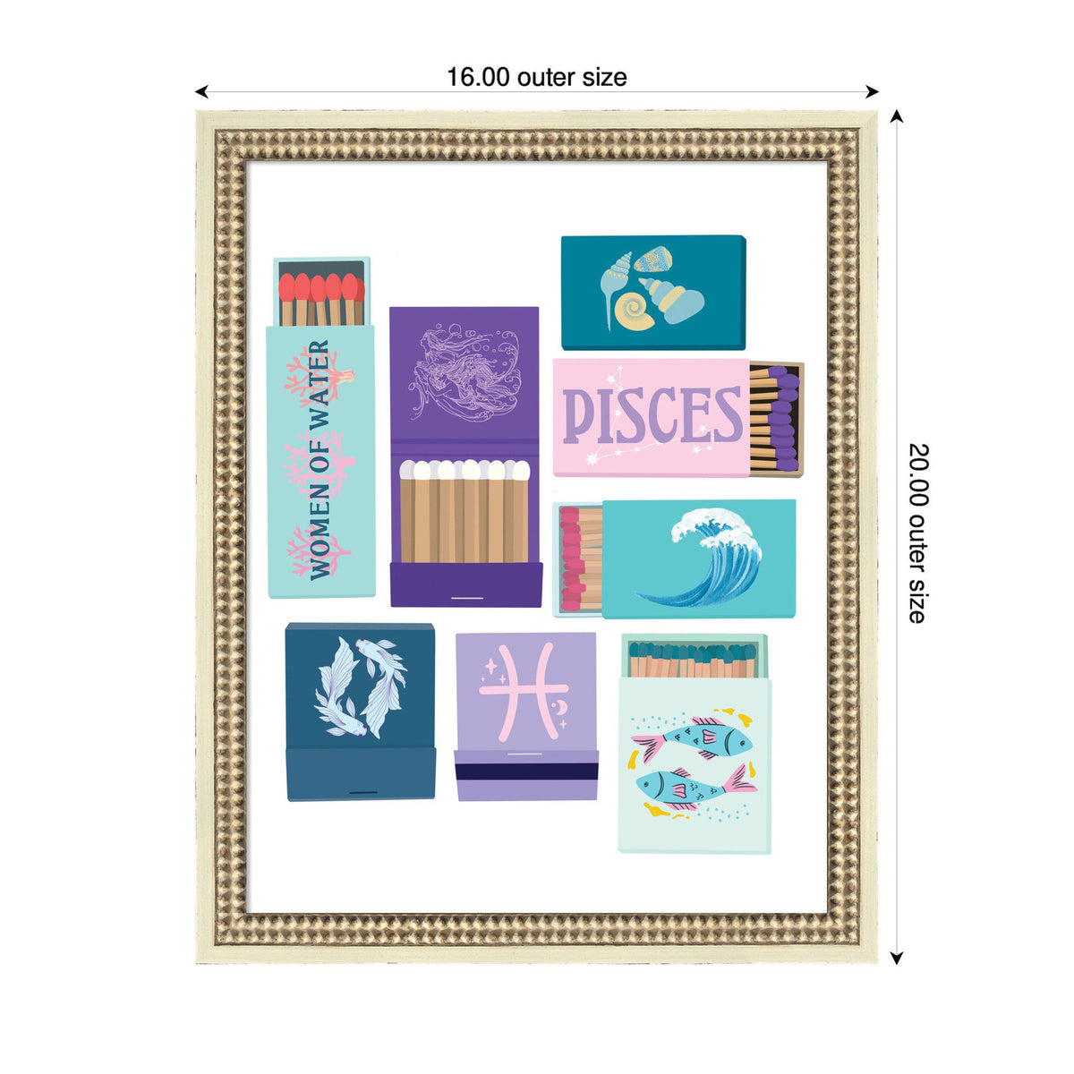 Framed print featuring nine illustrated matchbooks with ocean-themed designs and Pisces zodiac symbols in blue, pink, purple, and teal hues.