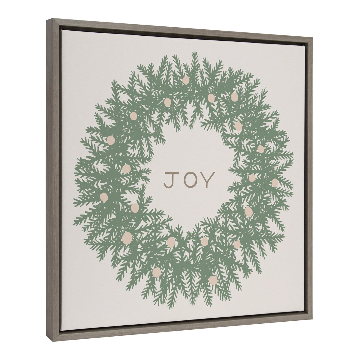Sylvie Joy Wreath Green Framed Canvas by Hannah Beisang showing a green wreath with the word 'Joy' inside on a gray polystyrene frame