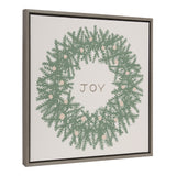 Canvas print of a green wreath with pale pink berries surrounding the word 'JOY' in simple uppercase letters, framed in a thin dark gray wood frame.