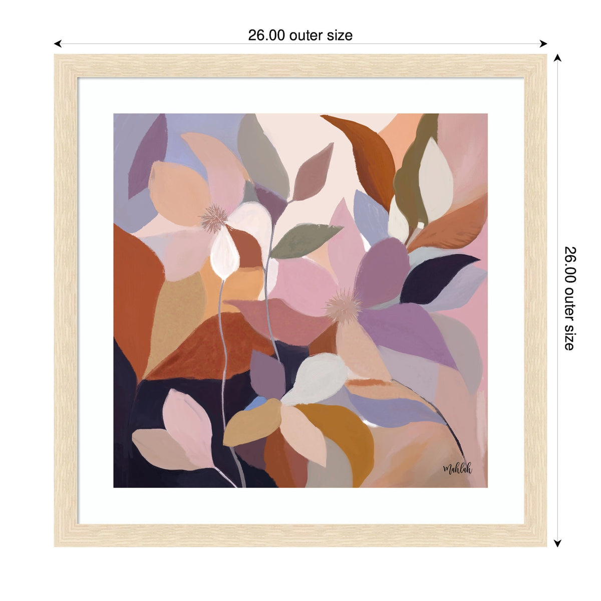 Abstract floral artwork with overlapping leaves and petals in muted pinks, purples, browns, and beige, framed in light wood with white matting.