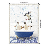 Three penguins in a whimsical scene with two inside a blue clawfoot bathtub filled with bubbles and one mid-jump above it, set against blue floral wallpaper and patterned floor tiles.