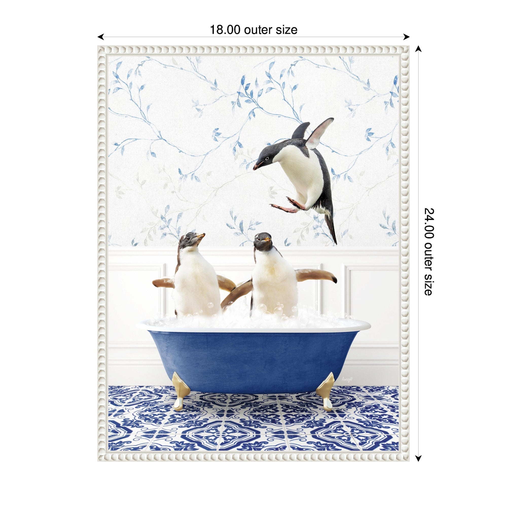 Sylvie Penguins in Eclectic Blue Bath Framed Canvas by Amy Peterson