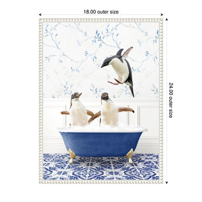Sylvie Penguins in Eclectic Blue Bath Framed Canvas by Amy Peterson