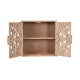 Light wood wall cabinet with two carved doors featuring floral cutout patterns, open to reveal one horizontal shelf inside.