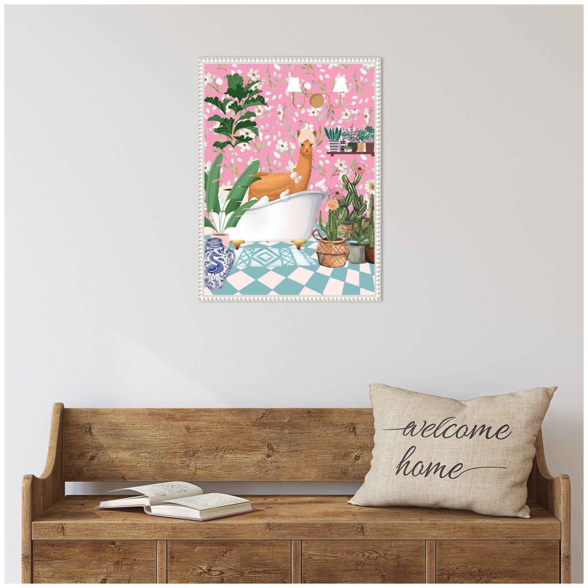 Sylvie Maximalist Llama Bath Framed Canvas by Honey Island Studio