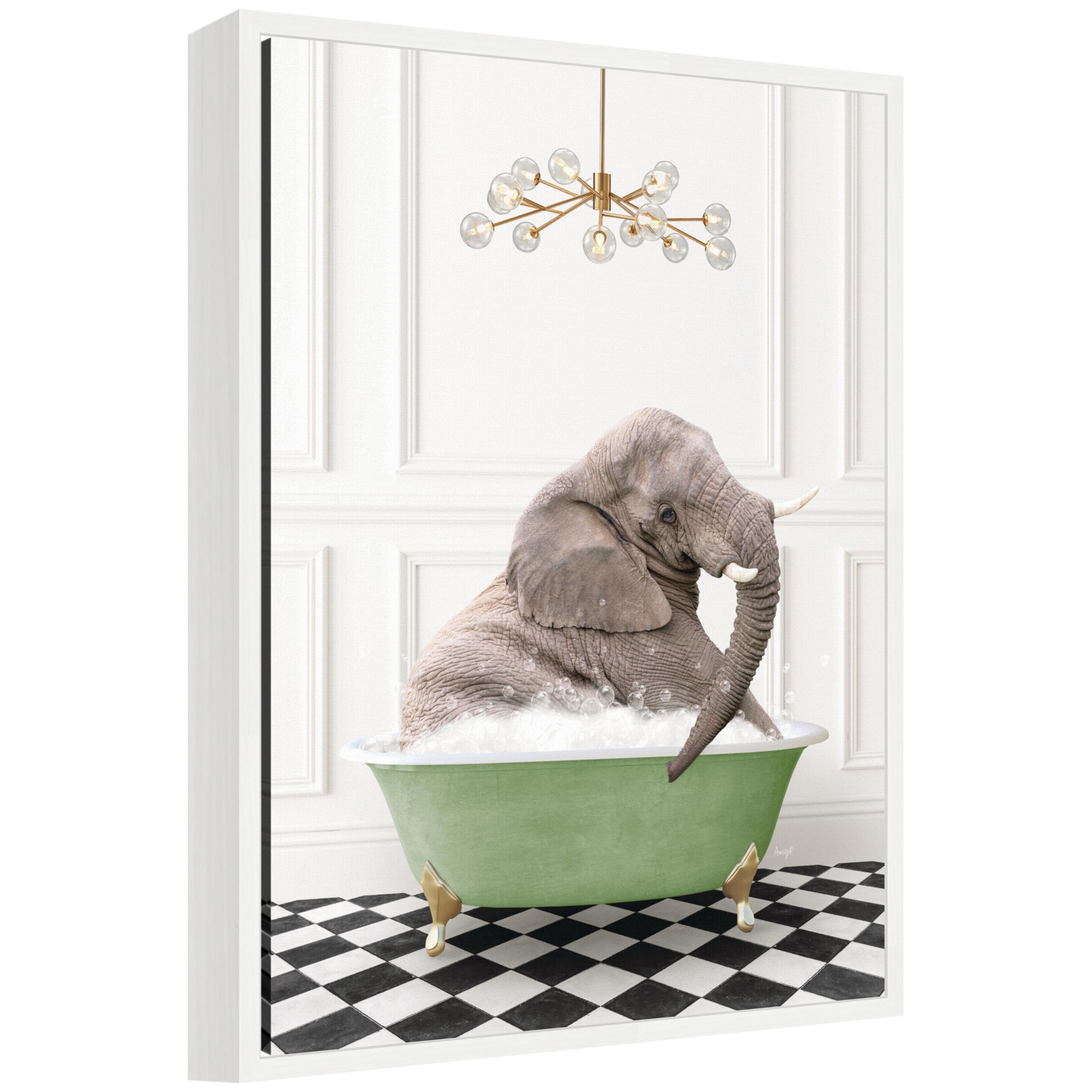 Framed floating canvas art showing Sylvie Young Elephant in a green bathtub on checker floor
