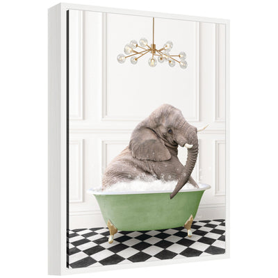 Framed floating canvas art showing Sylvie Young Elephant in a green bathtub on checker floor