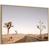 Desert road stretching forward with Joshua trees on either side under a pale, clear sky, framed with a light wooden border.