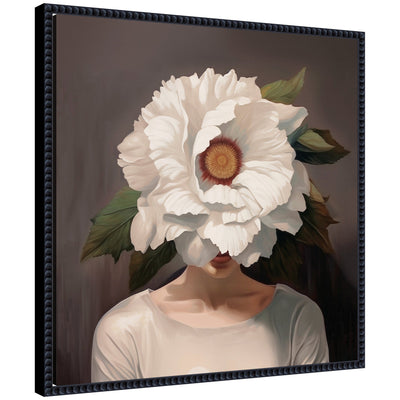 Sylvie White Flower Woman Portrait framed canvas art in a beaded frame hanging on wall