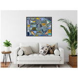 Abstract geometric painting with blue, green, orange, and yellow shapes and black outlines, hung above a white sofa with patterned pillows in a bright room.