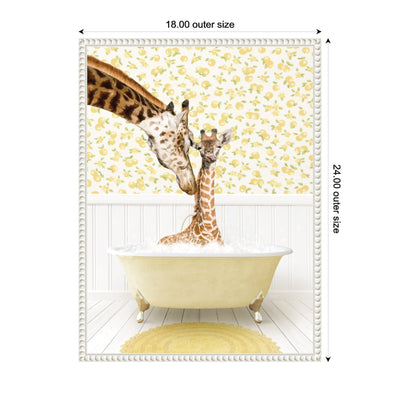 Sylvie Mother and Baby Giraffe in Cottage Yellow Bathtub Framed Canvas by Amy Peterson