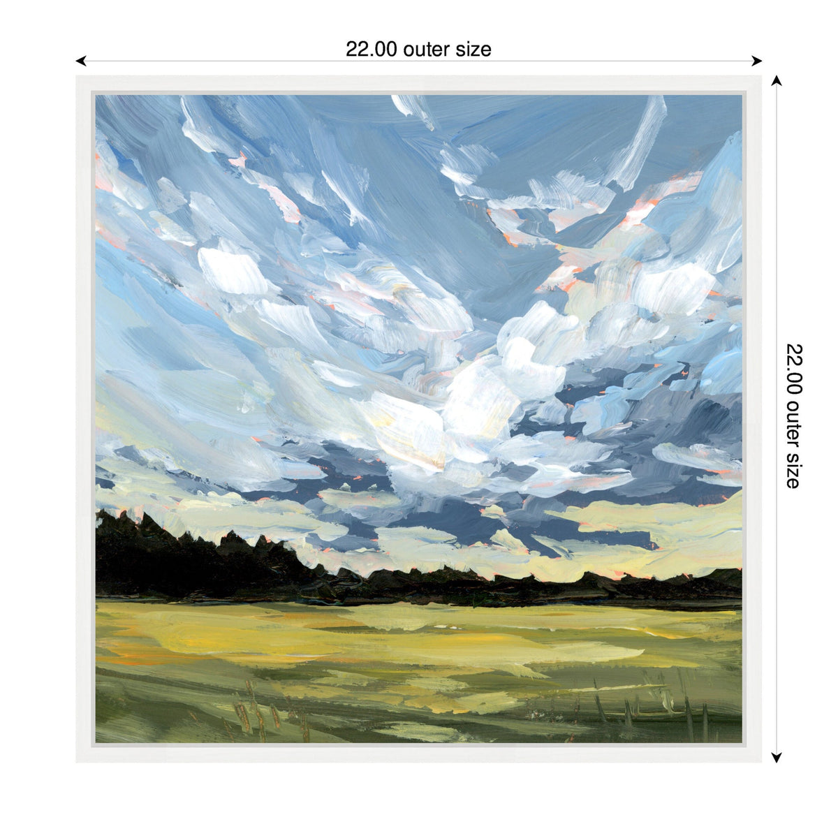 Framed canvas painting of a vast green field under a dynamic sky filled with swirling blue and gray clouds, with a dark tree line on the horizon.