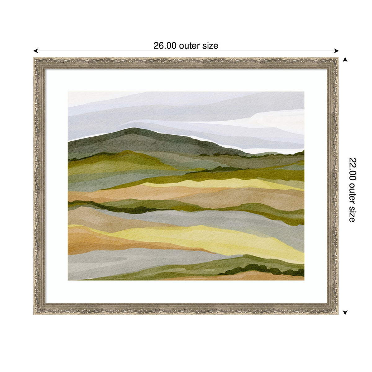 Framed abstract landscape artwork with layered, wavy bands in muted green, brown, yellow, and gray tones, titled Gentle Wilderness by Nikita Jariwala