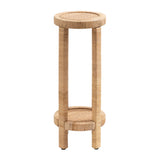 Tall round side table with woven cane top and bottom shelf supported by three cylindrical wooden legs wrapped in matching cane material.