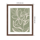 Simple line art of two large flowers with visible veins and leaves in cream on a muted green rectangular background, framed in dark brown wood with white matting, 22 by 26 inches.