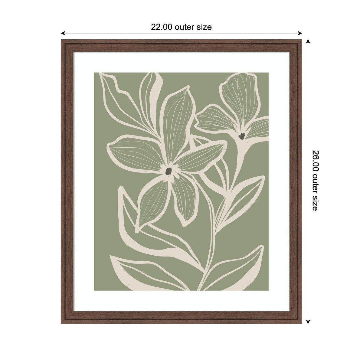 Simple line art of two large flowers with visible veins and leaves in cream on a muted green rectangular background, framed in dark brown wood with white matting, 22 by 26 inches.