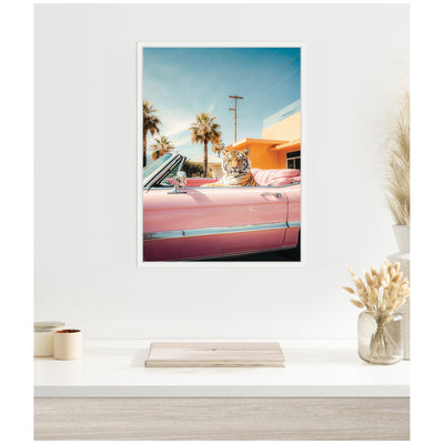 Cool Tiger Sitting in a Pink Classic Car by Michael Schauer Framed Canvas Wall Art Print