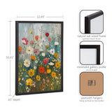 Vertical floral painting with colorful wildflowers in shades of yellow, red, pink, and white on a green and gray background, framed in a black natural oak wood frame.