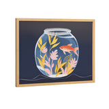 Illustration of an orange goldfish swimming inside a round glass bowl with stylized pink and yellow aquatic plants against a dark blue background, framed in light wood.