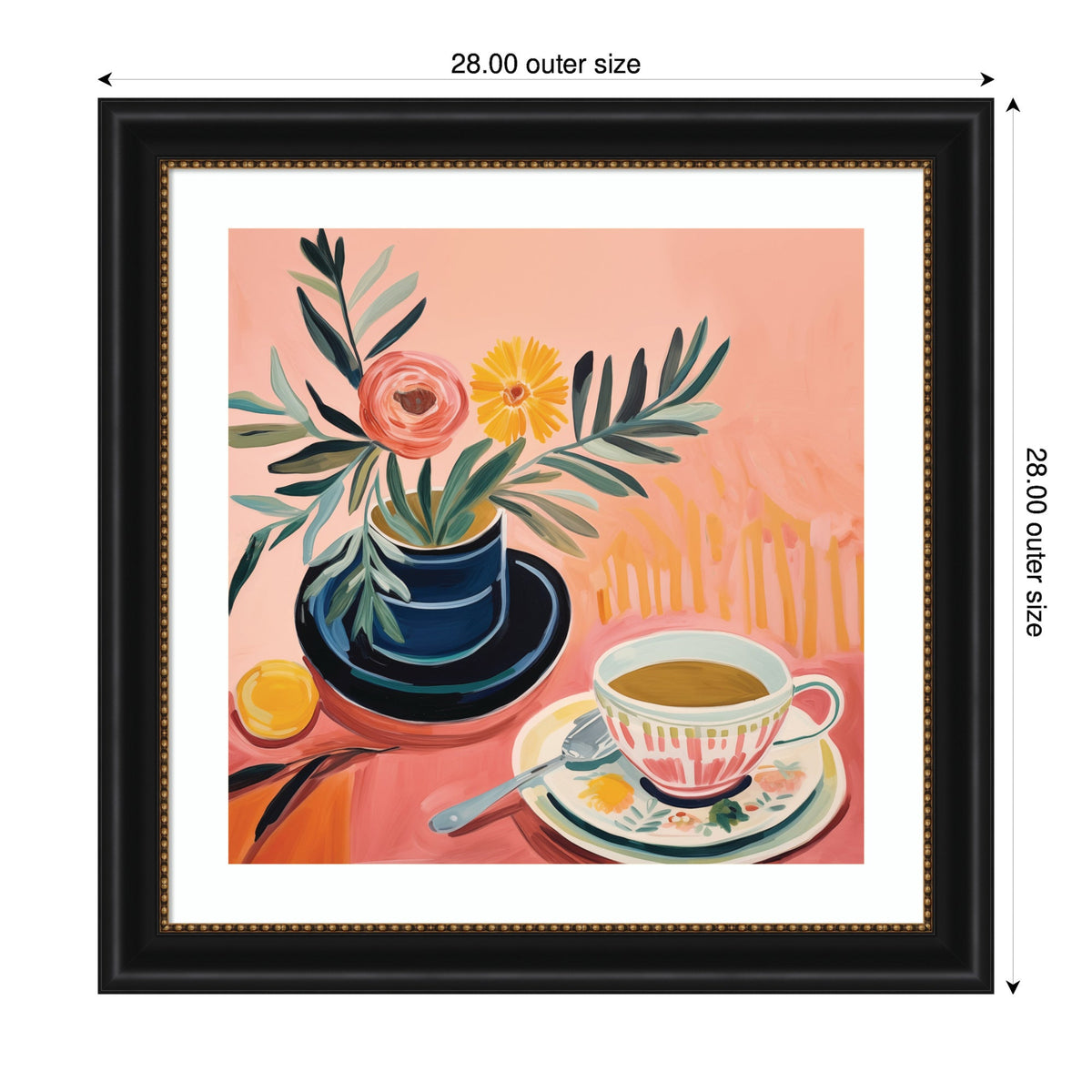 Square framed painting depicting a dark blue vase with pink and yellow flowers next to a white teacup with brown coffee on a pink surface with warm-toned background.