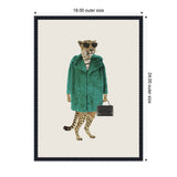Anthropomorphic leopard wearing black sunglasses and a teal faux fur coat, holding a black handbag, set against a beige background in a black textured frame