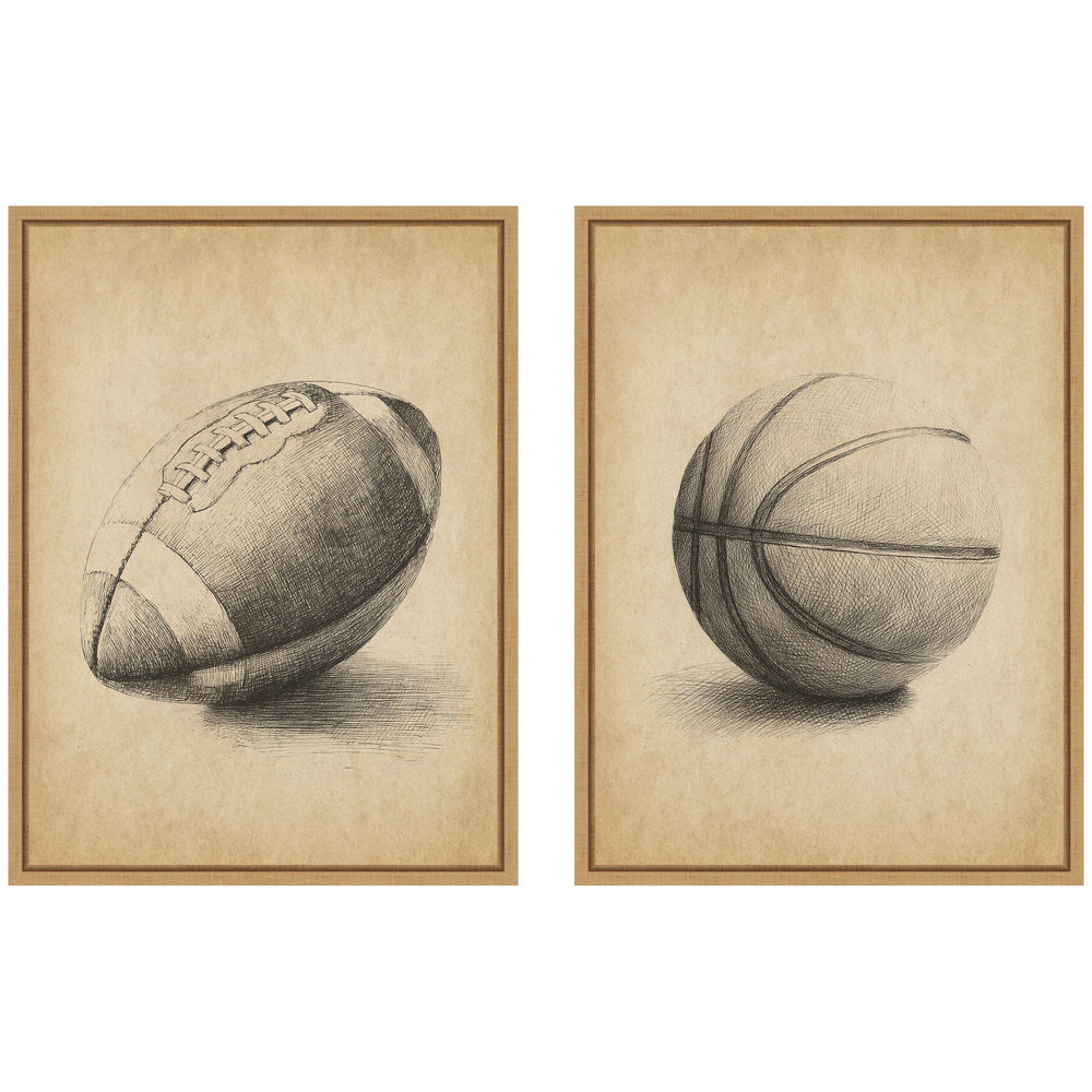 Framed two-piece vintage football and basketball canvas wall art set