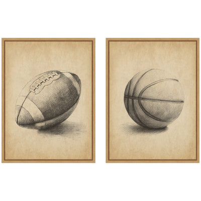 Framed two-piece vintage football and basketball canvas wall art set